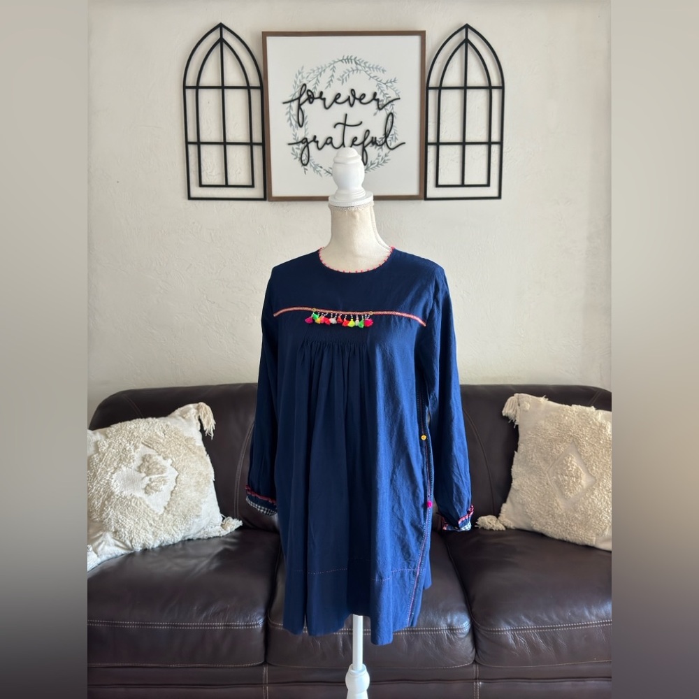 Pero 100% Cotton Tunic Dress In Navy Blue Designer Size 38 Handmade In India